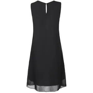 Elegant back view of black sleeveless chiffon dress featuring keyhole button closure
