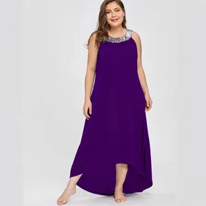 Elegant purple plus size sleeveless maxi dress with silver sequin collar and hi-low hem.