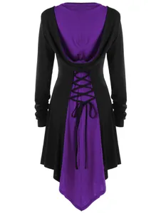 Womens gothic hooded jacket featuring purple patchwork and vintage lace-up back detailing