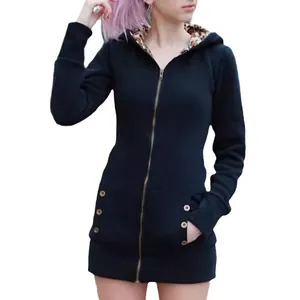 Women's slim fit black zip-up hooded sweatshirt with leopard print hood lining