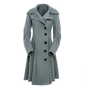 Detailed view of women's vintage wool blend coat featuring an irregular hem and large collar