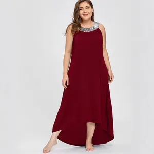 Elegant burgundy plus size sleeveless maxi dress with shimmering sequined neckline