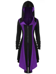 Detail of hooded patchwork jacket in purple and black with front hook-and-eye closure