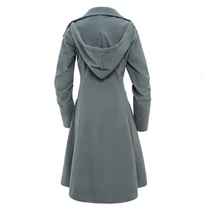 Back view of a minimalist gray women's hooded wool-like coat with an irregular flared hem