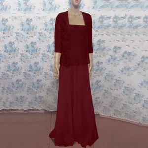 Elegant burgundy two-piece lace cardigan and chiffon maxi dress set on a mannequin