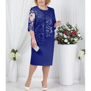 Elegant royal blue lace patchwork faux two-piece knee-length dress for plus size women