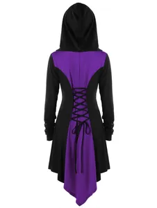 Back view of women's hooded jacket featuring purple color-block and lace-up detail.