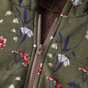 Close-up detail of women's floral print jacket with zipper and plush fleece lining