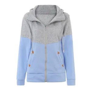 Felpa con cappuccio e zip da donna, grigio e blu chiaro, design bicolore con tasche