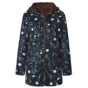 Women's floral hooded padded jacket with warm brown sherpa lining and zip-up detail