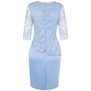 Back view detail of elegant light blue lace patchwork cocktail dress with half sleeves