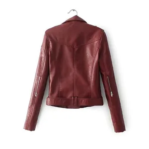 Detailed back view of a slim fit burgundy PU leather biker jacket with sleeve zippers