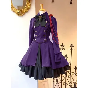 Elegant vintage Gothic purple Renaissance cosplay dress with black ruffled skirt and bow