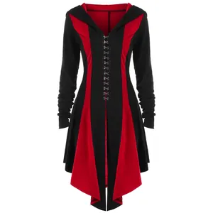Gothic Women Hooded Contrast Color Lace-up Back Jacket Thin Plus Size Polyester Long Sleeve Irregular Hem Hooded Top