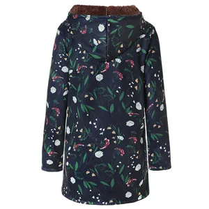 Back view of women's long hooded floral padded jacket with thick warm lining.