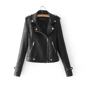 Detailed view of a stylish black PU leather motorcycle jacket for women with zippers