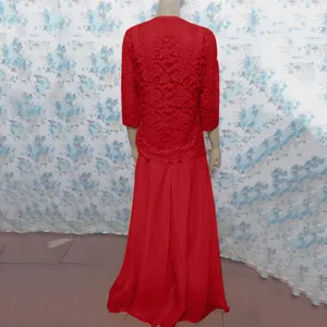 Back view of elegant red lace cardigan and matching chiffon maxi skirt for formal occasions