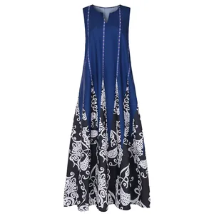 Elegantes ärmelloses Maxikleid mit Vintage-Paisley-Blumendruck und tiefblauem V-Ausschnitt-Design