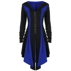 Stylish womens hooded color-block jacket featuring hook closure and a high-low hemline