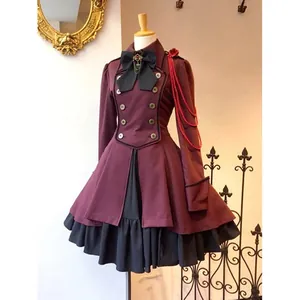 Detailed macro view of a Victorian Gothic Lolita cosplay dress with bow and ruffles