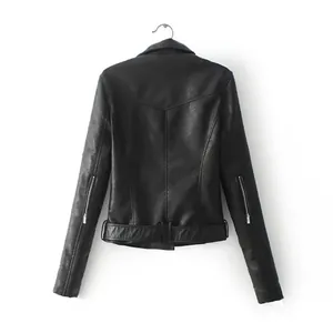 Back view detail of women's black PU leather slim-fit motorcycle jacket