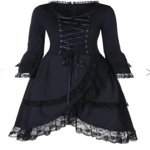 Robe gothique vintage noire à manches longues avec corset à lacets et détails volantés