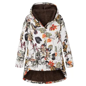 Women's Vintage Floral Print Hooded Coat Fleece Lined Mid-Long Winter Jacket With Buttons Irregular Hem Boho Outerwear