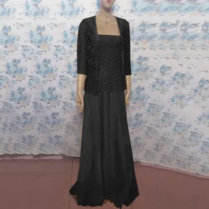 Full view of women's two-piece black lace cardigan and chiffon maxi evening gown set