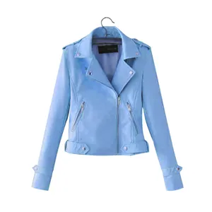 Close-up of a stylish light blue women's slim-fit biker PU leather jacket with zippers