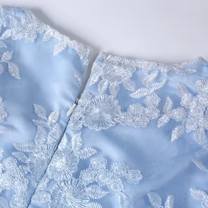 Detail of white floral embroidery and invisible zipper on a light blue lace dress.