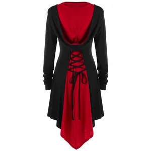 Hooded color-block thin women's jacket with stylish lace-up back in gothic style
