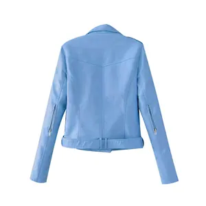 Back view of a slim fit light blue PU leather biker jacket with stylish zipper details.