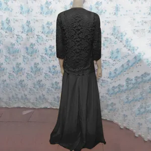 Back view of black lace cardigan and chiffon maxi skirt set, showing fabric texture.