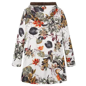 Back view of long floral printed hooded jacket featuring warm plush lining detail