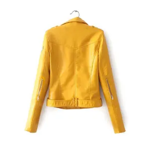 Back view detail of slim fit yellow PU leather motorcycle jacket for women