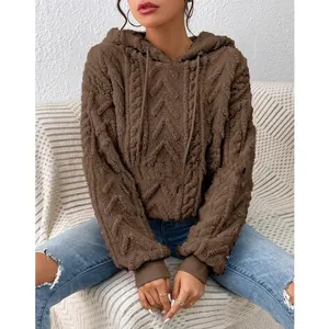 Gemütlicher brauner Jacquard-Kapuzenpullover für Damen, winterverdicktes Oberteil