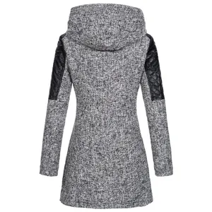 Detailed back view of a grey hooded woolen coat with black quilted faux leather patches.