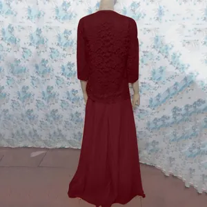 Detailed rear view of the burgundy lace cardigan and chiffon maxi skirt ensemble