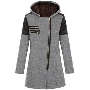 Front view of mid-length hooded coat with asymmetrical gold zipper and grey texture