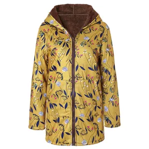 High-quality detail of women's floral hooded zip jacket with warm brown fleece lining