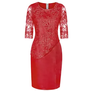 Elegant red lace patchwork dress with floral embroidery and medium sleeves for women.