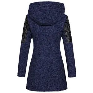 Detailed back view of a navy blue textured hooded coat with black quilted sleeve patches