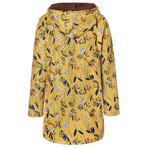 Back view of women's yellow floral hooded jacket featuring a thick warm lining.