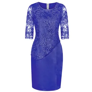 Detailed view of a royal blue lace stitching fake two-piece plus size evening dress