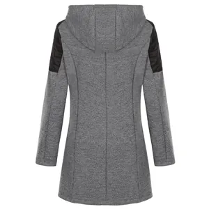 Back view of elegant women's grey hooded herringbone pattern wool blend trench coat