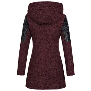 Back view of a stylish burgundy hooded wool coat with black quilted shoulder patches