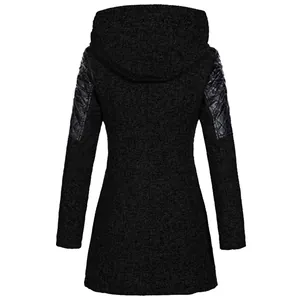 Back view of black hooded woolen coat with quilted leather sleeve patches.