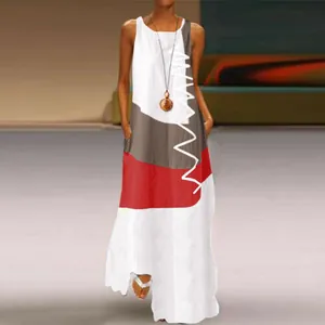 Elegant sleeveless maxi dress featuring a geometric color-block print and functional pockets