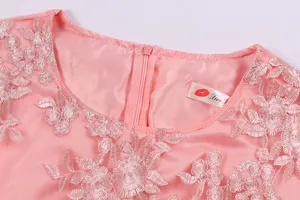 Close-up of pink lace dress neckline with delicate floral embroidery and zipper detail.