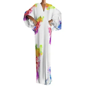 Loose plus size V-neck maxi dress with vibrant watercolor splash print on white base